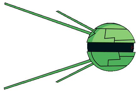 Dessin d'un satellite de communication avec un bandeau de led digital qui affiche le message suivant : Nos créations originales